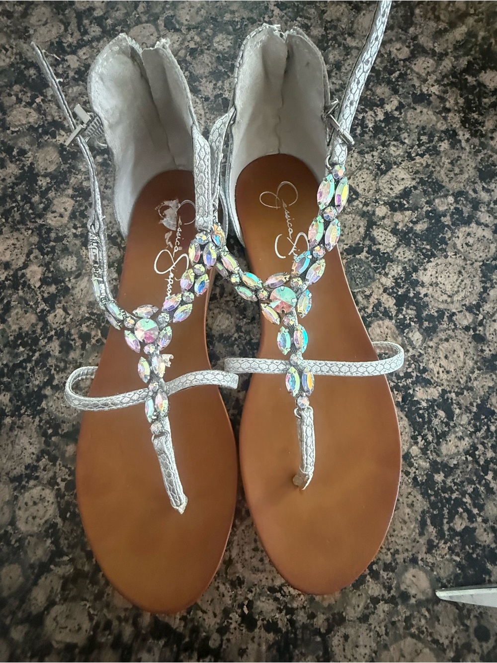 Jessica Simpson Silver T-Strap Sandals with Iridescent Gems